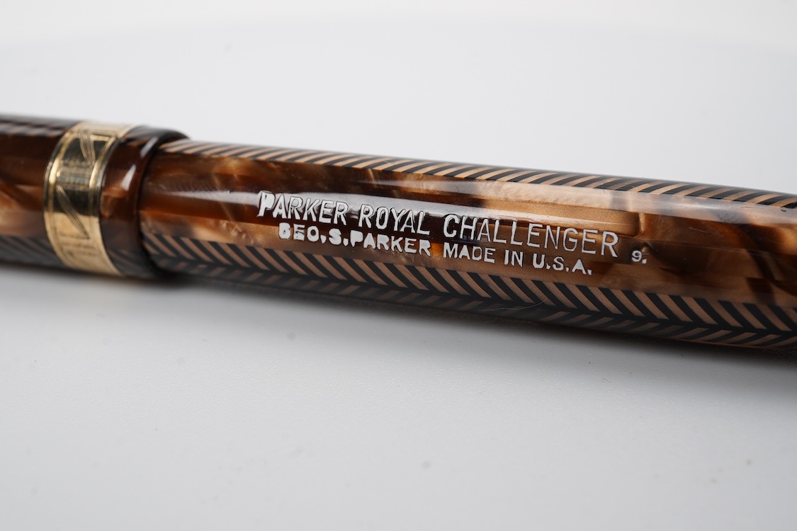 A Parker full size Royal Challenger fountain pen in brown herringbone pattern with Parker 14ct. gold nib - USA